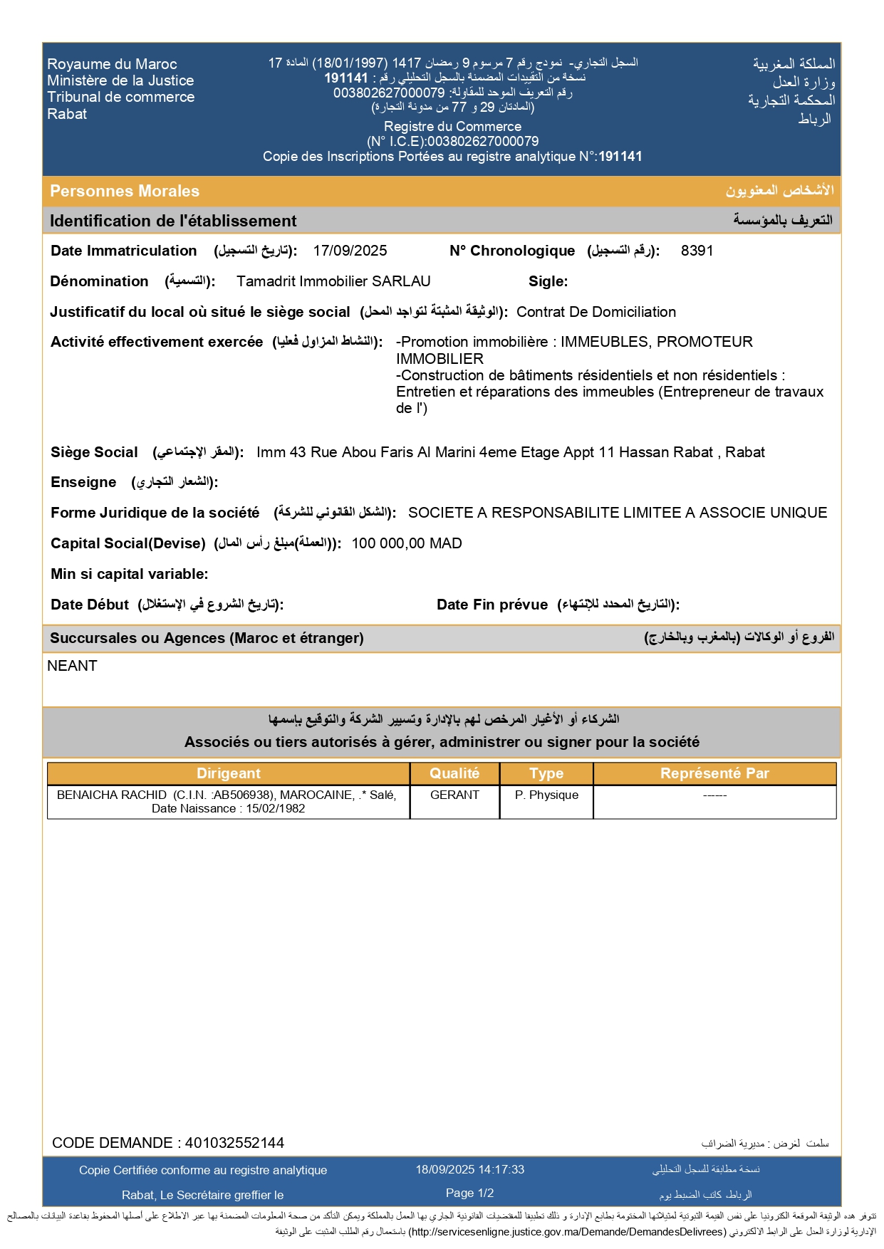 création Ste Tamadrit Immobilier 